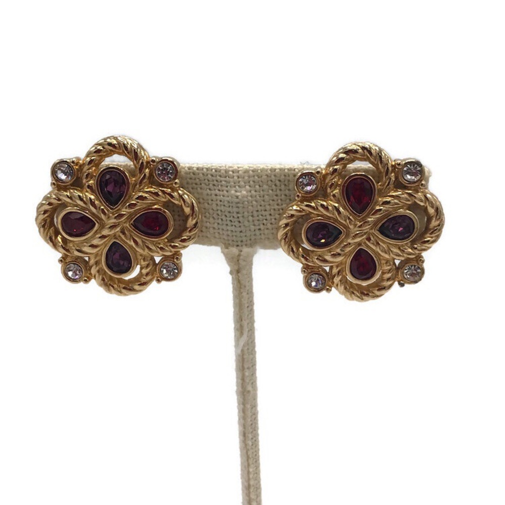 Swarovski Swan Signed Crystal Large Clip On Earrings Red, Purple, Clear Goldtone